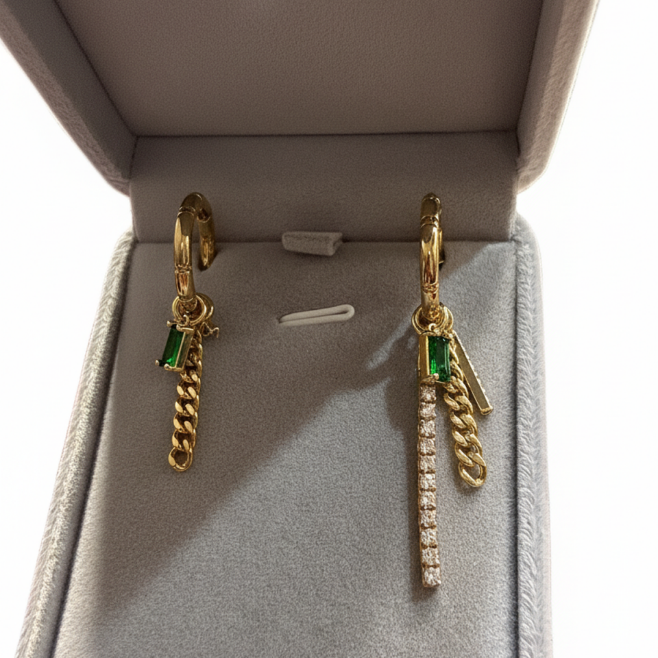 925 AYAR ALTIN RENGİ YEŞİL TAŞLI İTALYAN HALKA KÜPE