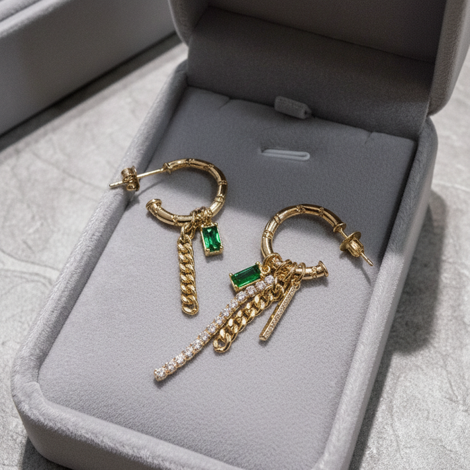 925 AYAR ALTIN RENGİ YEŞİL TAŞLI İTALYAN HALKA KÜPE