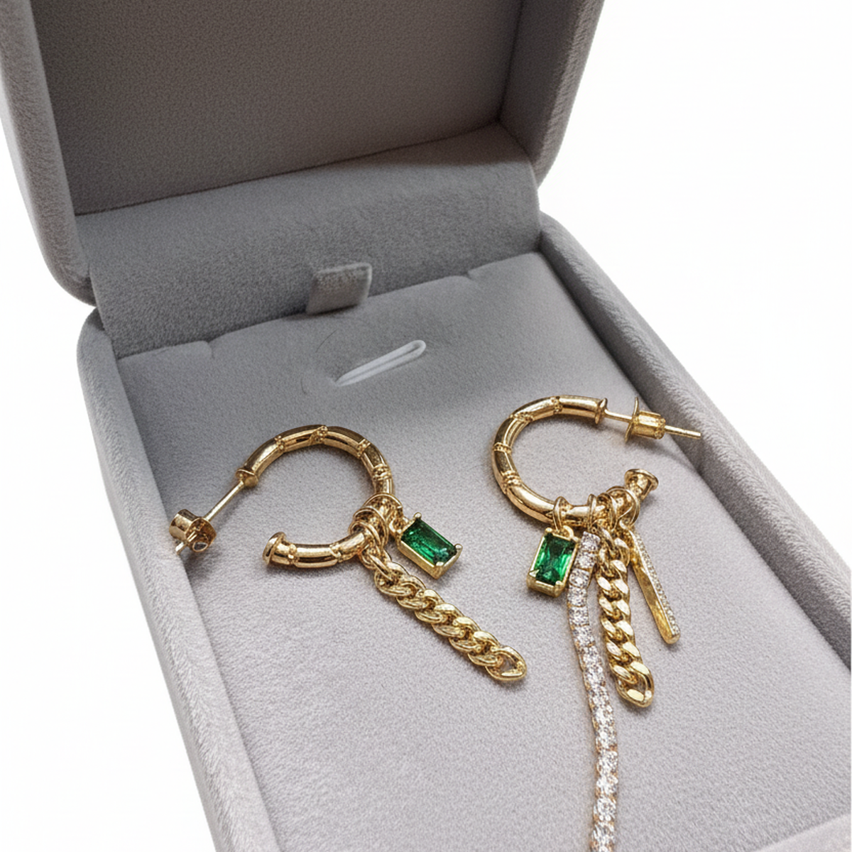 925 AYAR ALTIN RENGİ YEŞİL TAŞLI İTALYAN HALKA KÜPE