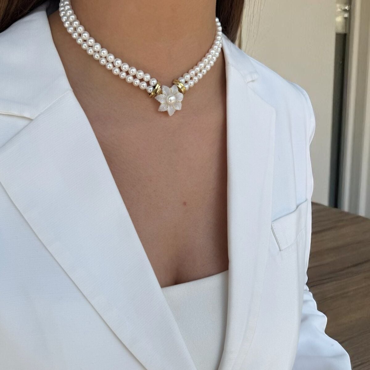 14 AYAR ÖZEL TASARIM SEDEF VE İNCİLİ ALTIN KOLYE