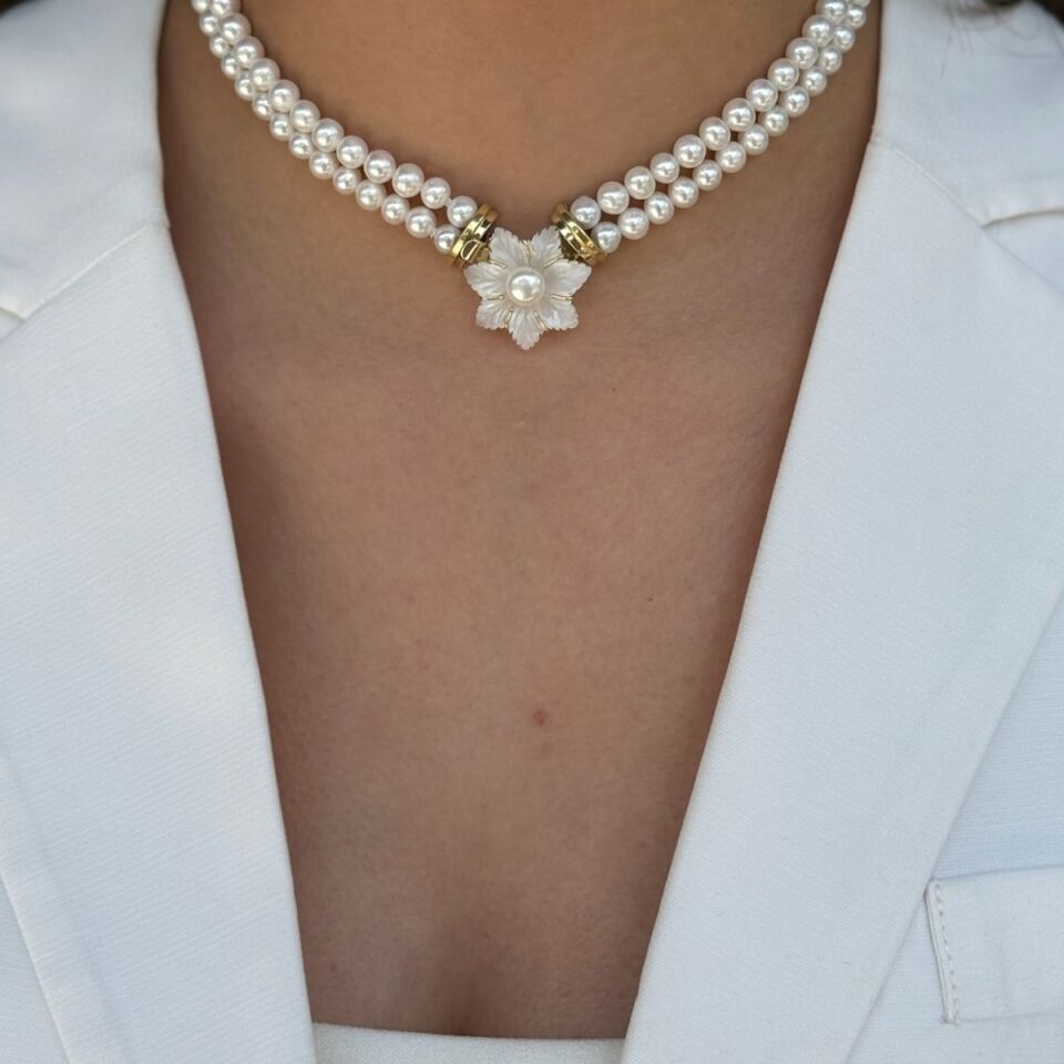 14 AYAR ÖZEL TASARIM SEDEF VE İNCİLİ ALTIN KOLYE