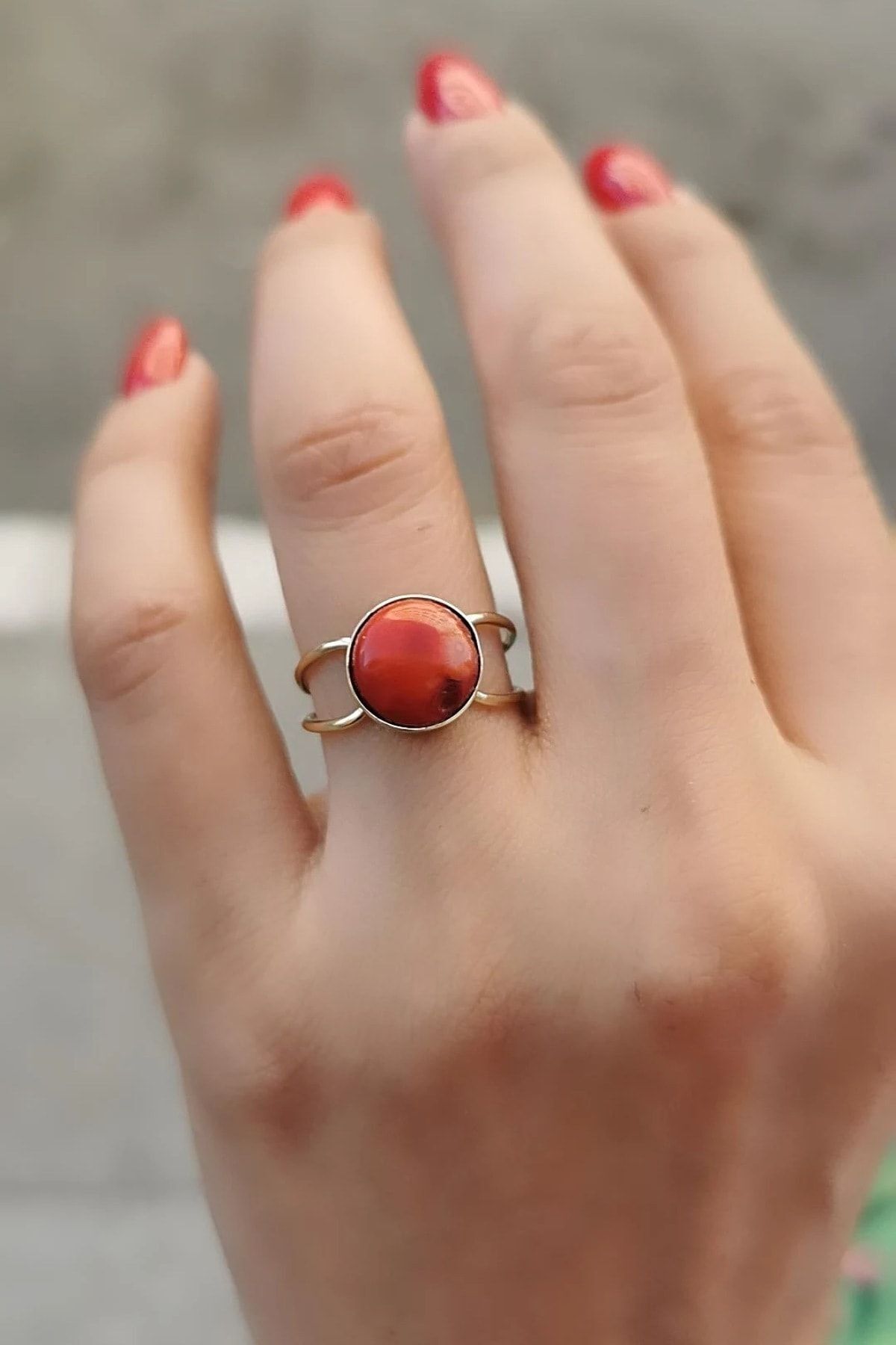 14 Ayar Orjinal Mercan Taşlı El Yapımı Yüzük 16