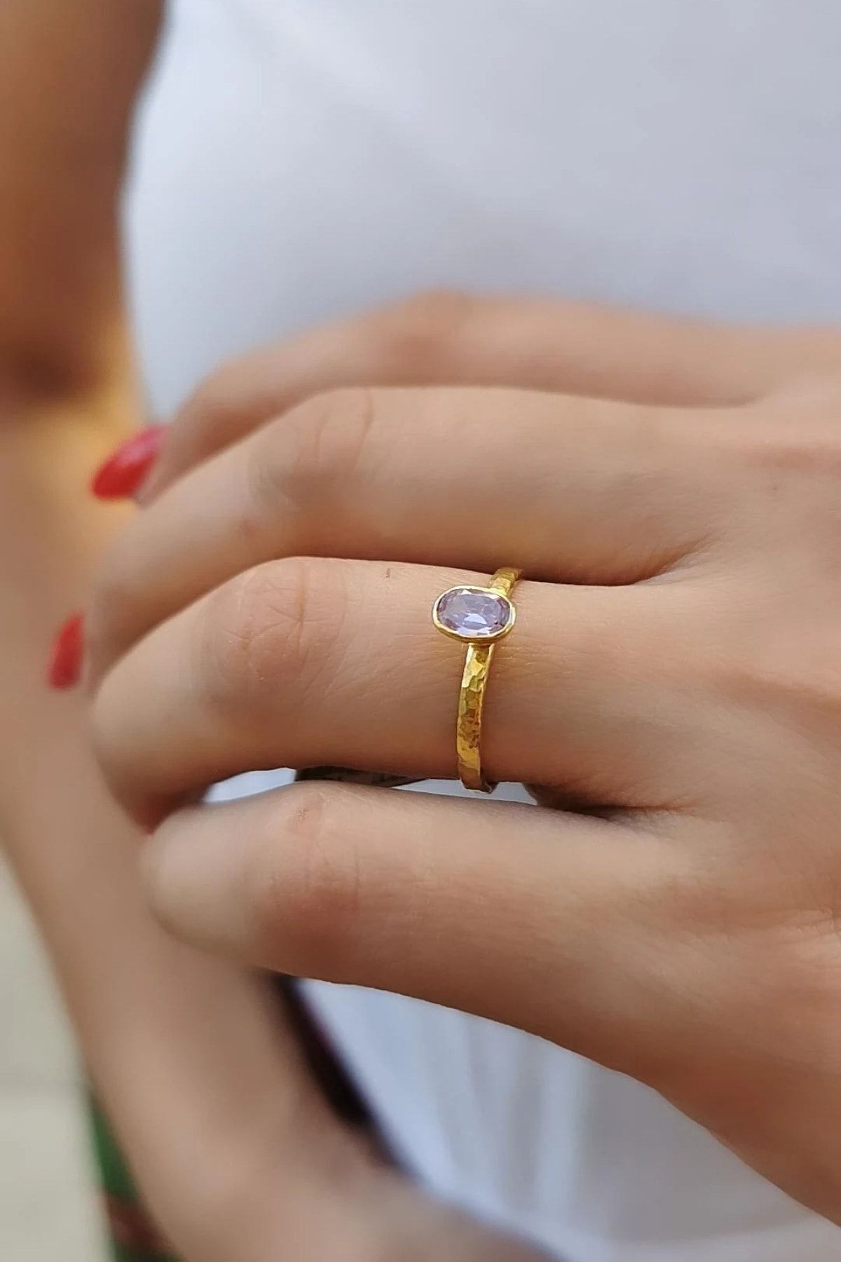 14 Ayar Pembe Kuvars Kristal Taşlı El Yapımı Tektaş Yüzük