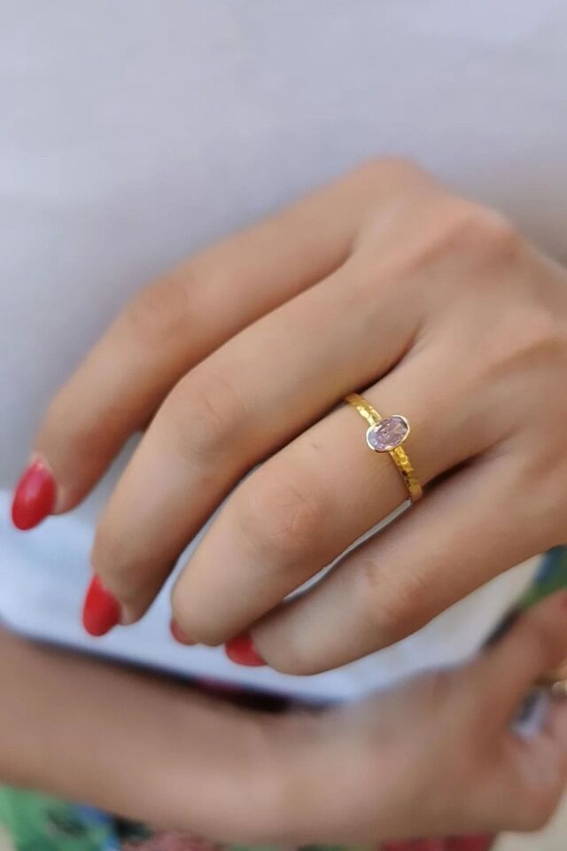 14 Ayar Pembe Kuvars Kristal Taşlı El Yapımı Tektaş Yüzük