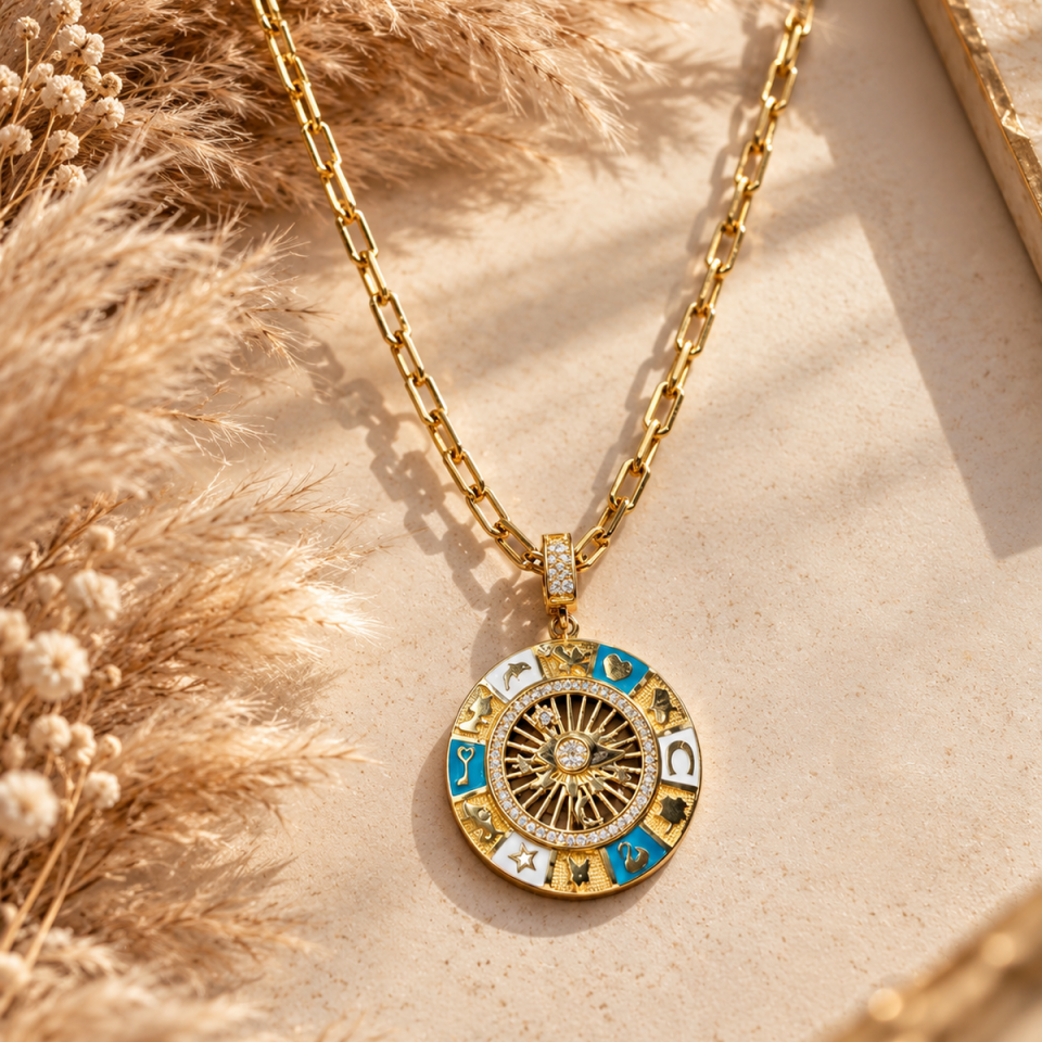 14 AYAR TURKUAZ MİNELİ ÖZEL TASARIM TILSIM ŞANS KOLYESİ