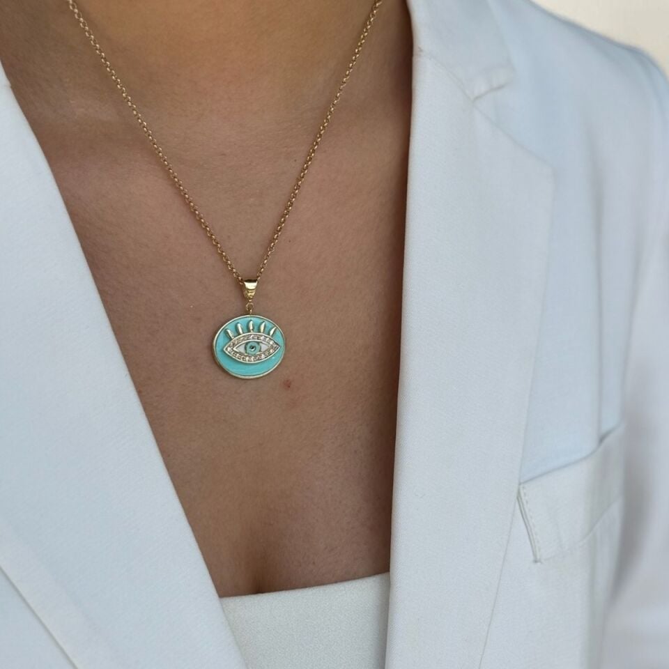 14 AYAR TURKUAZ MİNELİ ÖZEL TASARIM GÖZ KOLYE