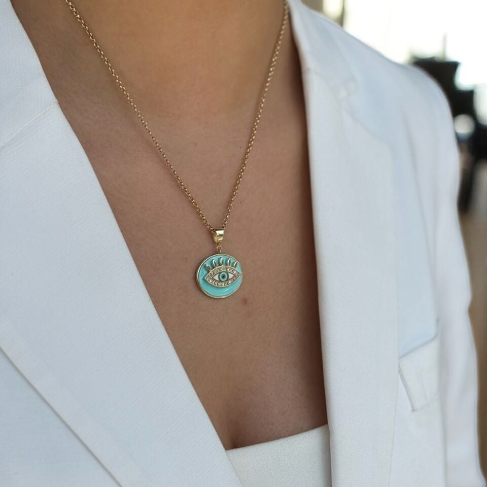 14 AYAR TURKUAZ MİNELİ ÖZEL TASARIM GÖZ KOLYE