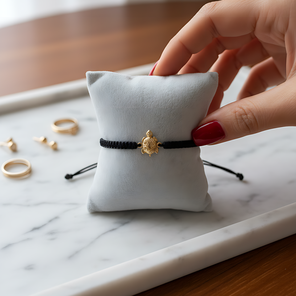 14 AYAR BOMBELİ KAPLUMBAĞA SİYAH İPLİ ATIN BİLEKLİK