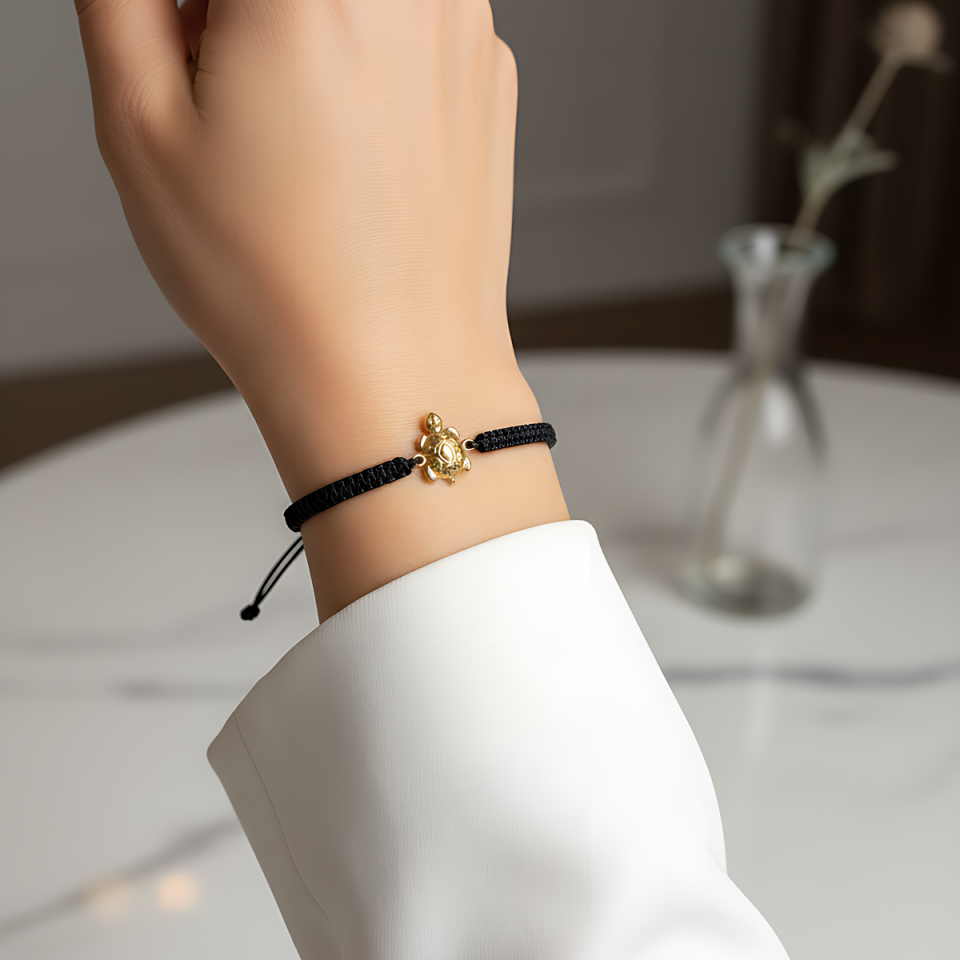 14 AYAR BOMBELİ KAPLUMBAĞA SİYAH İPLİ ATIN BİLEKLİK