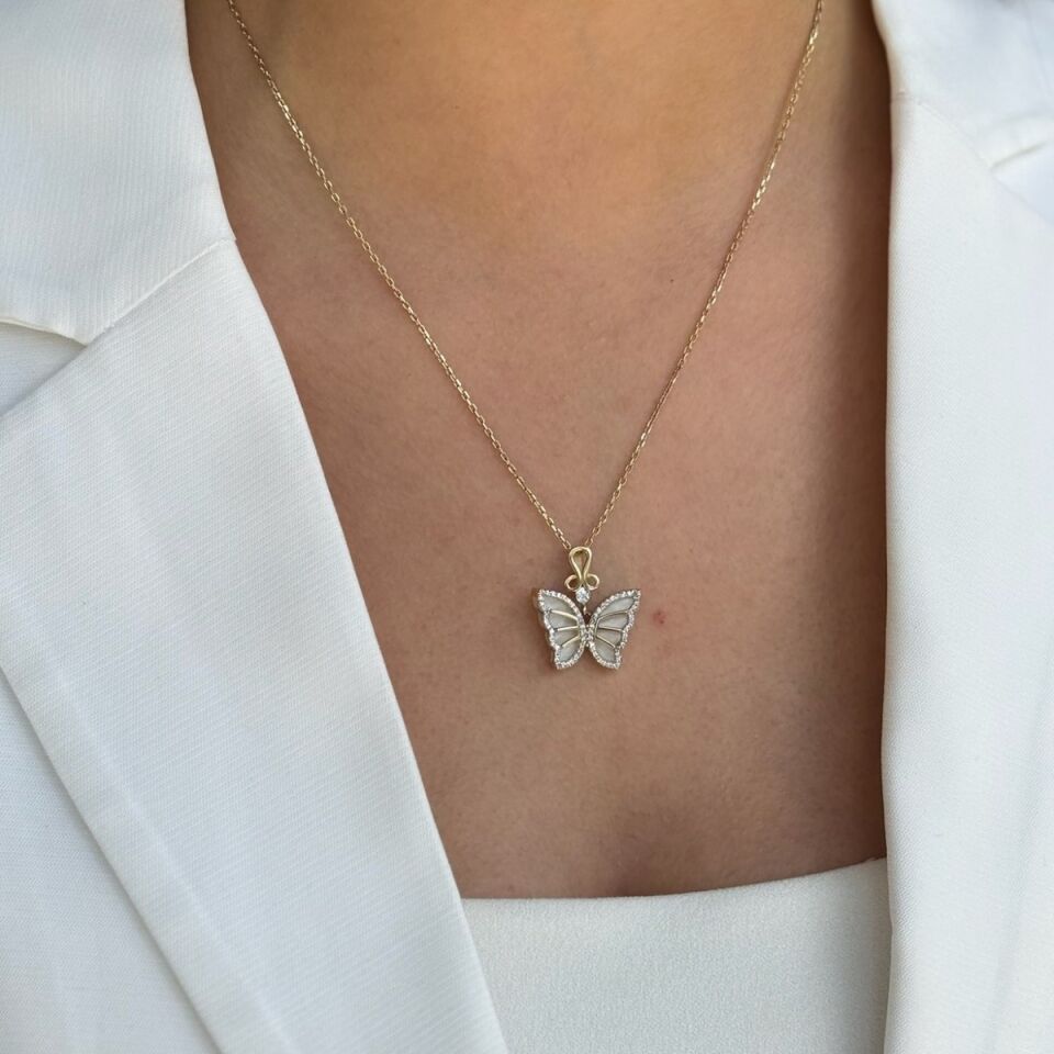 14 AYAR BEYAZ SEDEF ÖZEL TASARIM KELEBEK KOLYE