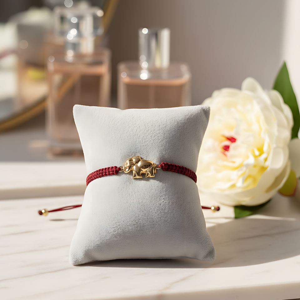 14 AYAR BOMBELİ FİL BORDO İPLİ ALTIN BİLEKLİK