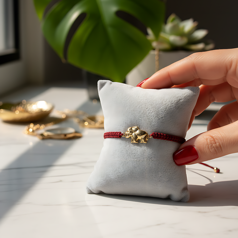 14 AYAR BOMBELİ FİL BORDO İPLİ ALTIN BİLEKLİK