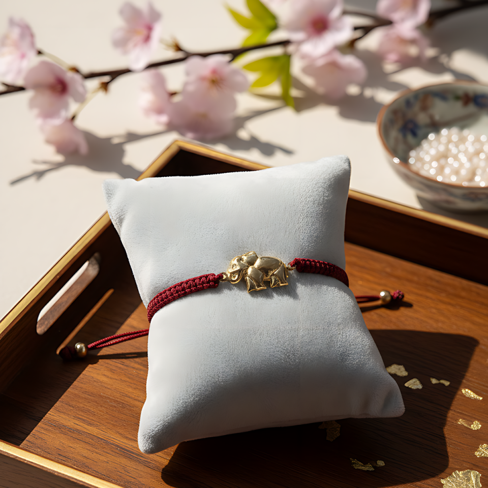 14 AYAR BOMBELİ FİL BORDO İPLİ ALTIN BİLEKLİK