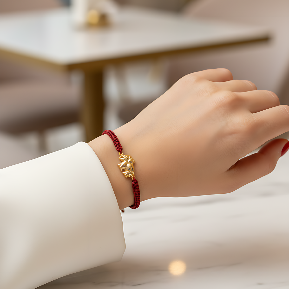 14 AYAR BOMBELİ FİL BORDO İPLİ ALTIN BİLEKLİK