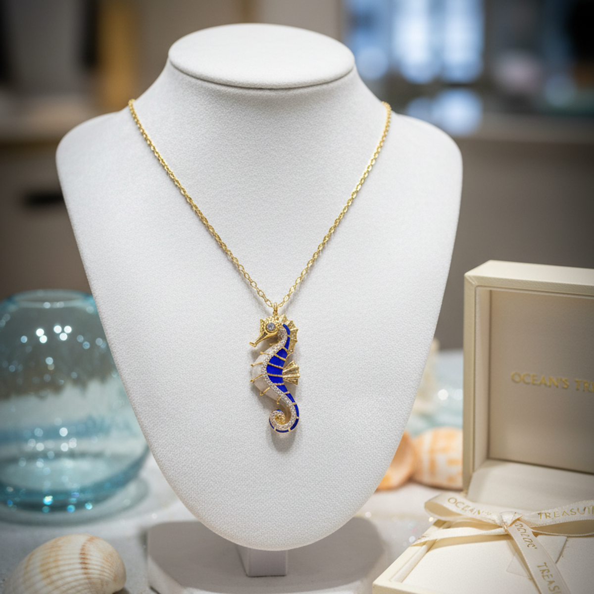 14 AYAR LACİVERT MİNELİ ÖZEL TASARIM DENİZATI ALTIN KOLYE