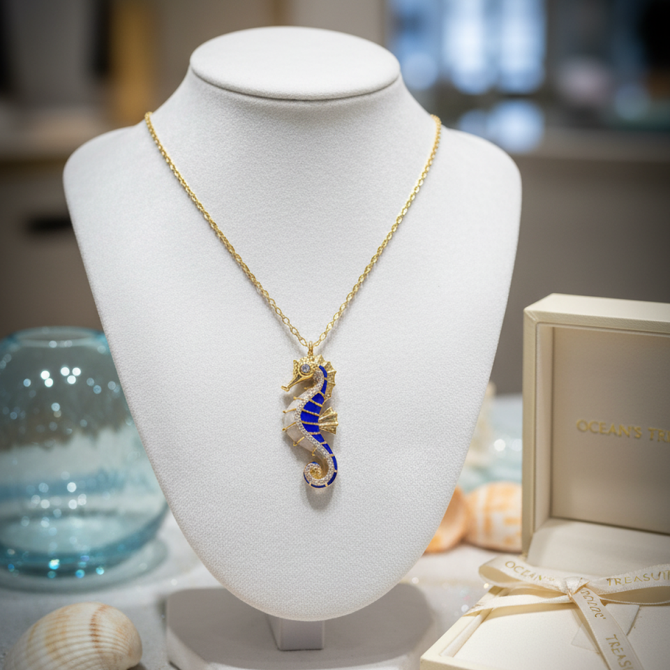 14 AYAR LACİVERT MİNELİ ÖZEL TASARIM DENİZATI ALTIN KOLYE