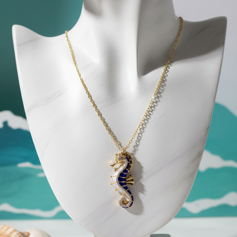 14 AYAR LACİVERT MİNELİ ÖZEL TASARIM DENİZATI ALTIN KOLYE