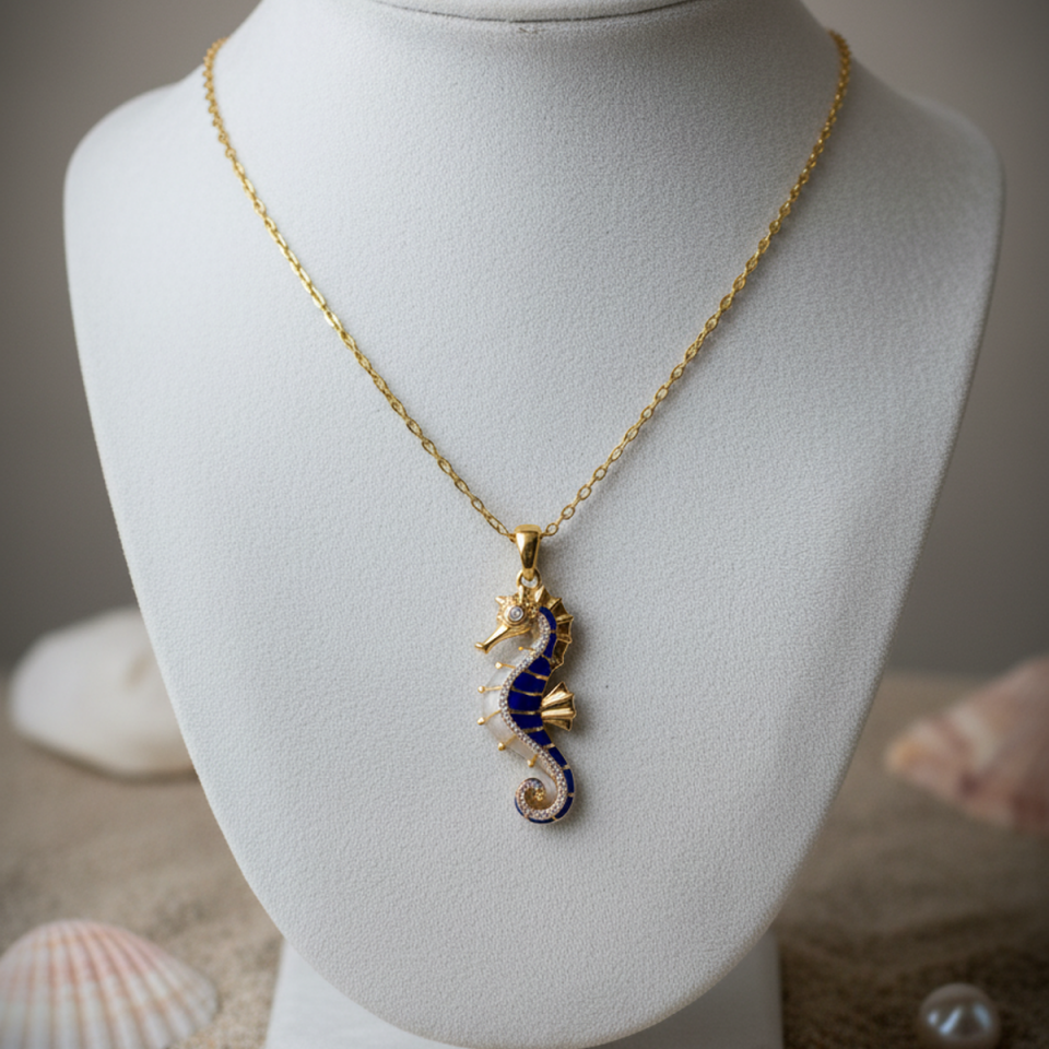 14 AYAR LACİVERT MİNELİ ÖZEL TASARIM DENİZATI ALTIN KOLYE