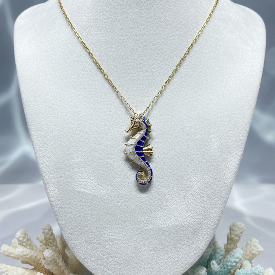 14 AYAR LACİVERT MİNELİ ÖZEL TASARIM DENİZATI ALTIN KOLYE