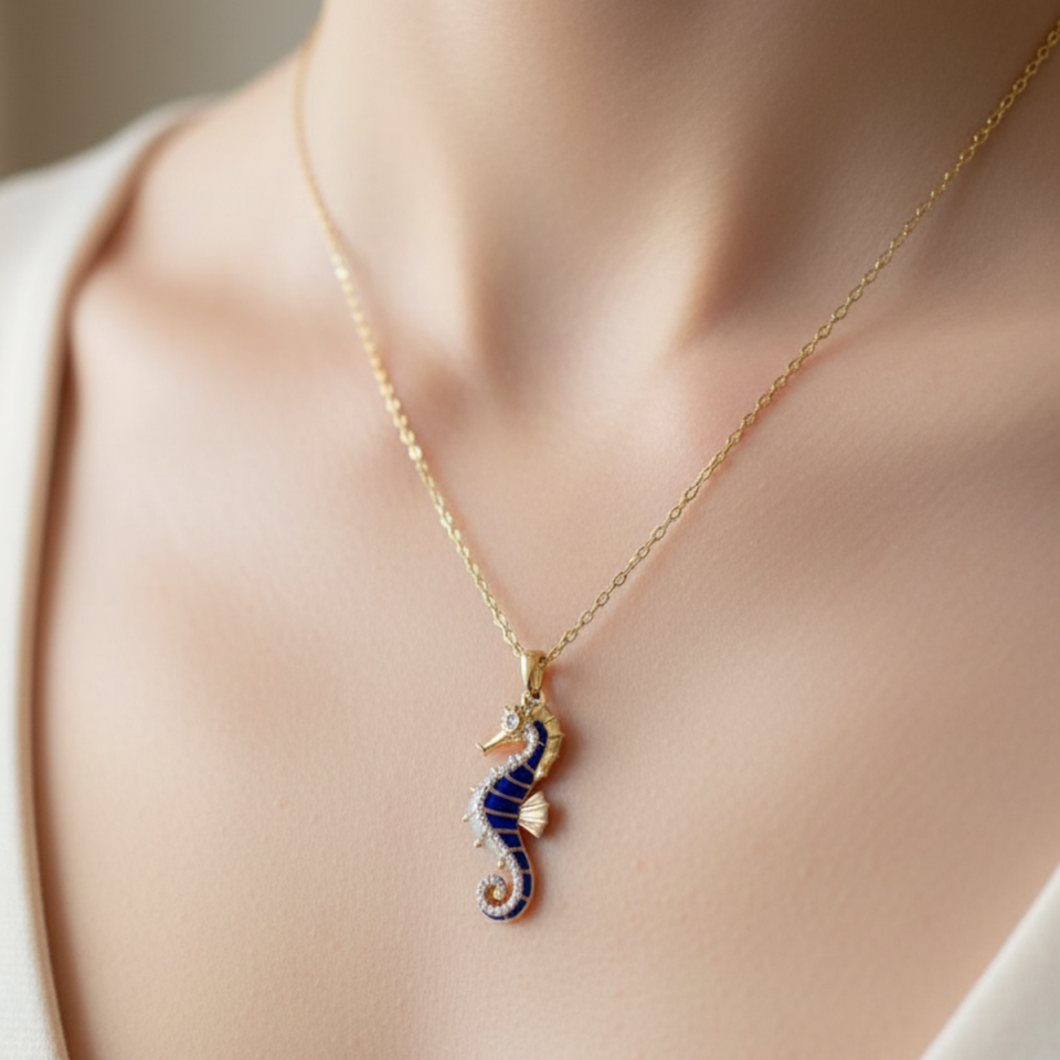 14 AYAR LACİVERT MİNELİ ÖZEL TASARIM DENİZATI ALTIN KOLYE