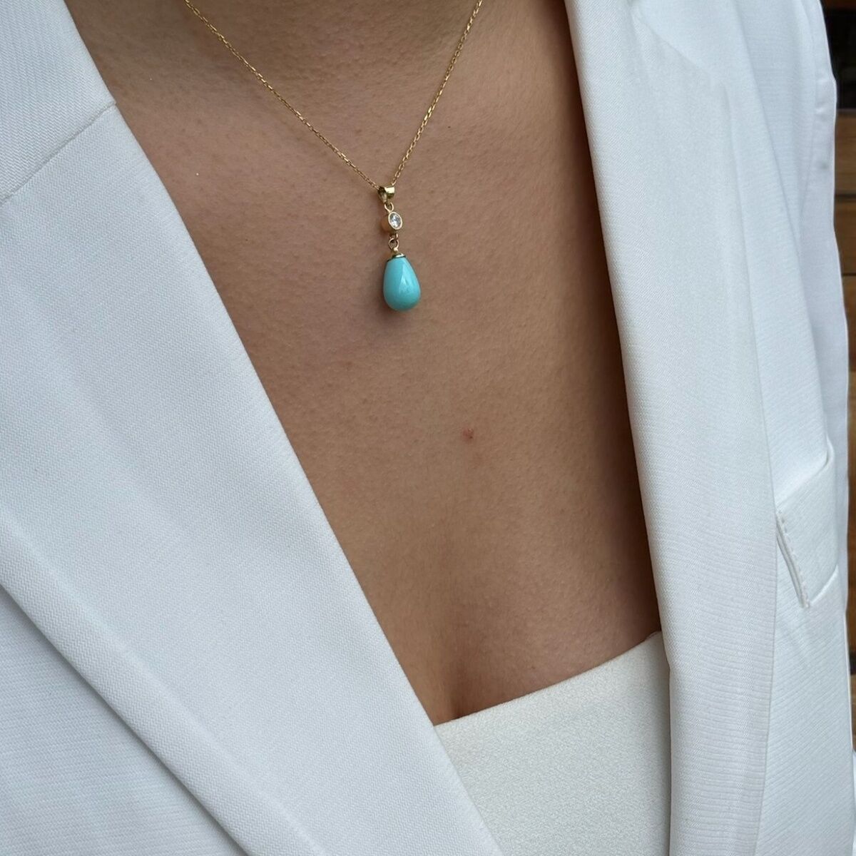 14 AYAR DAMLA FİRUZE TAŞLI ALTIN KOLYE