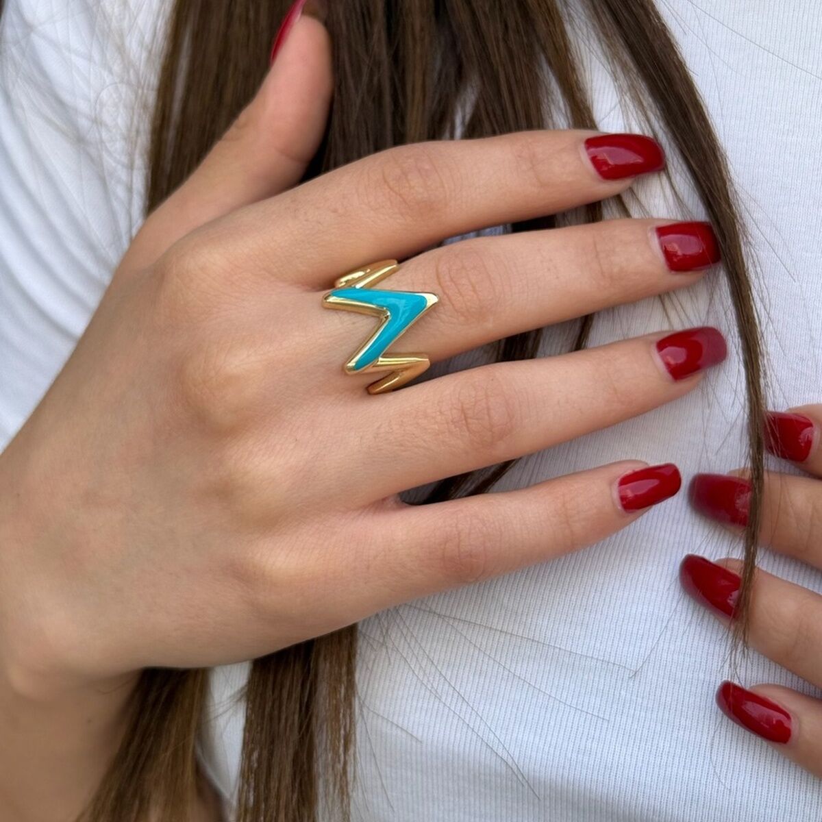 14 AYAR TURKUAZ MİNELİ TASARIM ZİKZAK YÜZÜK