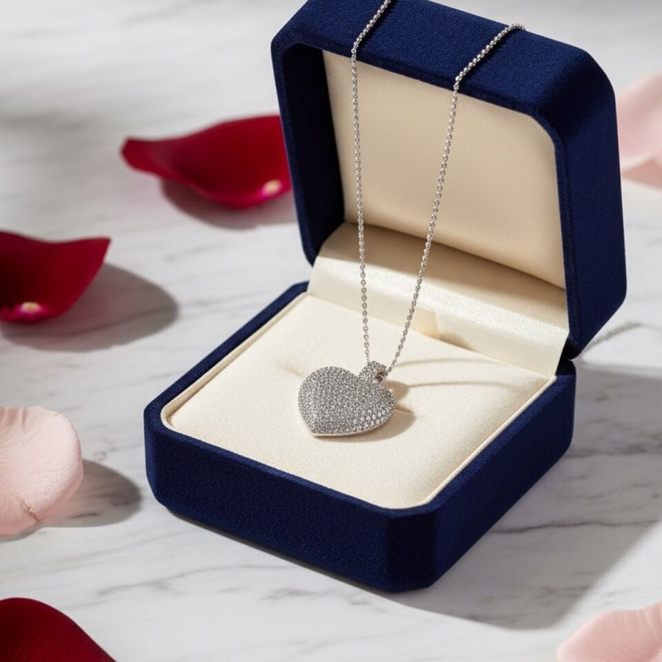 925 AYAR ÖZEL TASARIM TOPTOP ZİNCİRLİ TAŞLI BOMBE KALP KOLYE