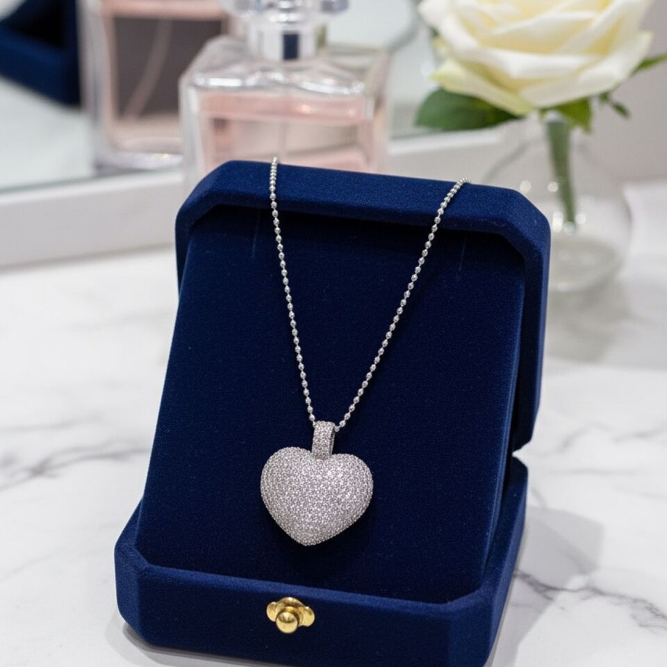 925 AYAR ÖZEL TASARIM TOPTOP ZİNCİRLİ TAŞLI BOMBE KALP KOLYE