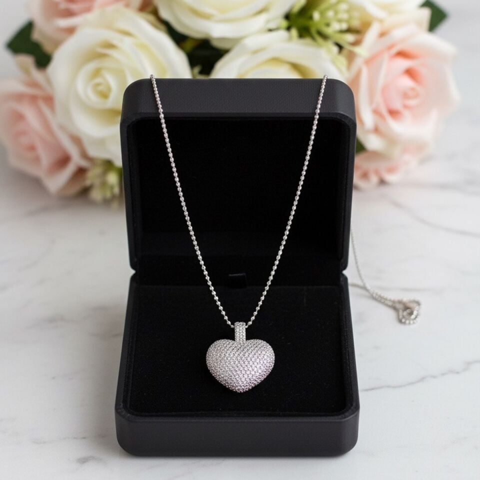 925 AYAR ÖZEL TASARIM TOPTOP ZİNCİRLİ TAŞLI BOMBE KALP KOLYE
