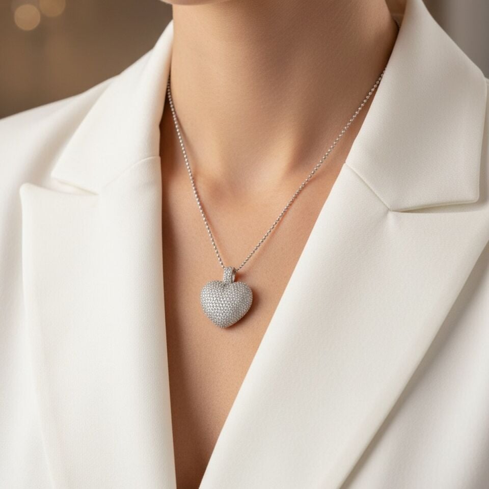 925 AYAR ÖZEL TASARIM TOPTOP ZİNCİRLİ TAŞLI BOMBE KALP KOLYE