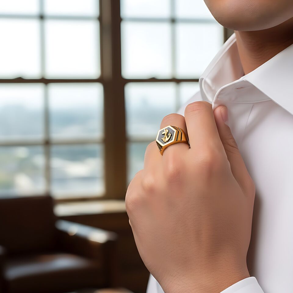 22 AYAR SİYAH ONİXS TAŞLI ÖZEL TASARIM ÇAPA ERKEK YÜZÜK