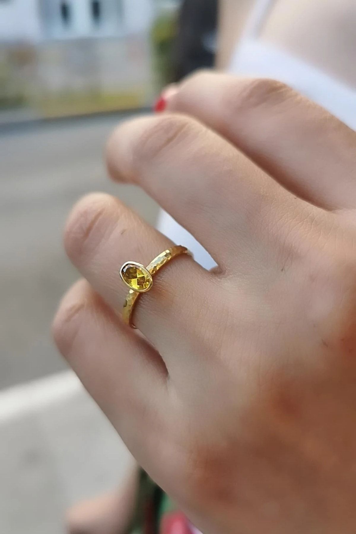 14 Ayar Citrin Kristal Taşlı El Yapımı Tektaş Yüzük