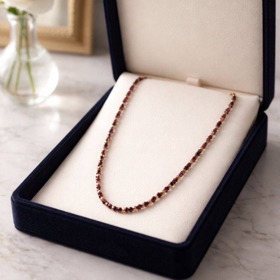 22 AYAR KRİSTAL YAKUT RENGİ ÖZEL TASARIM DORİKALI ALTIN KOLYE