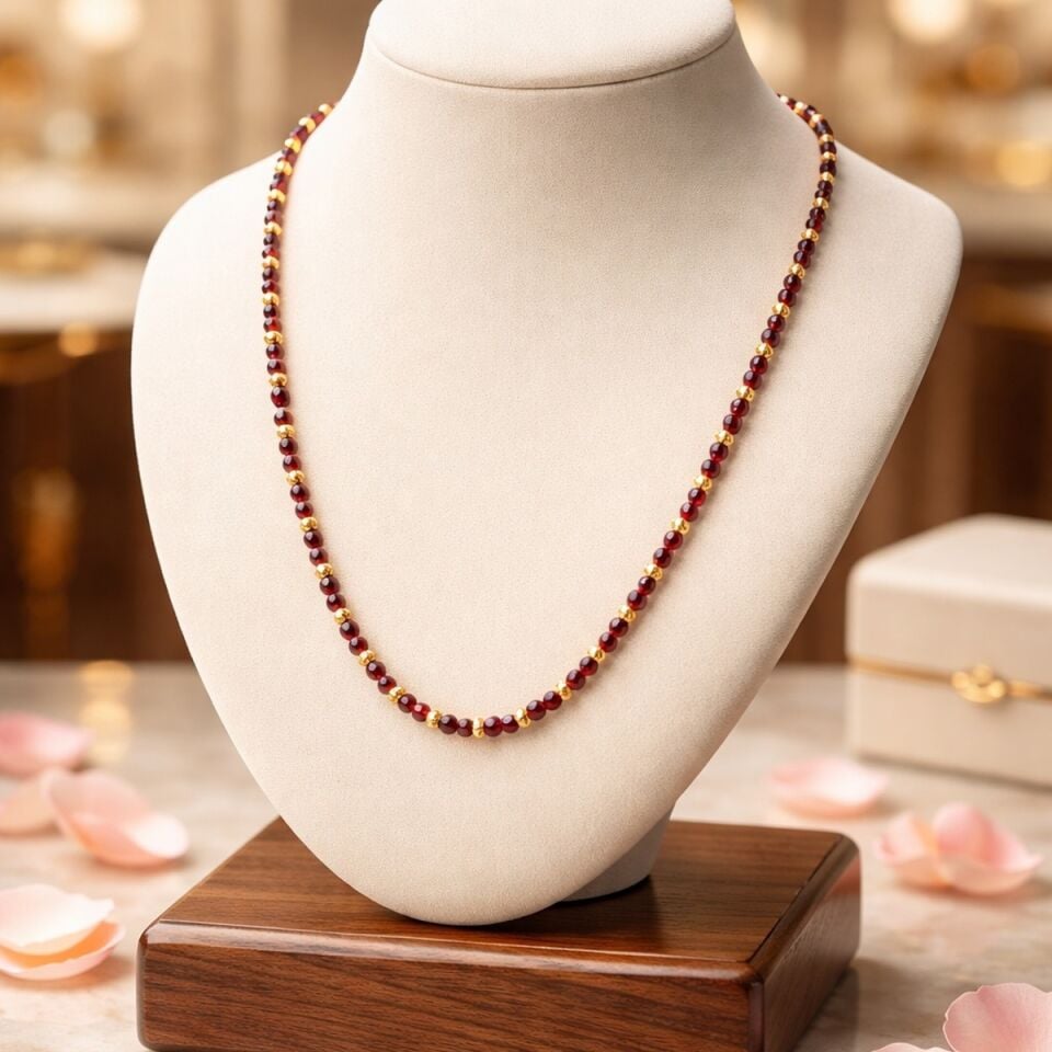 22 AYAR KRİSTAL YAKUT RENGİ ÖZEL TASARIM DORİKALI ALTIN KOLYE