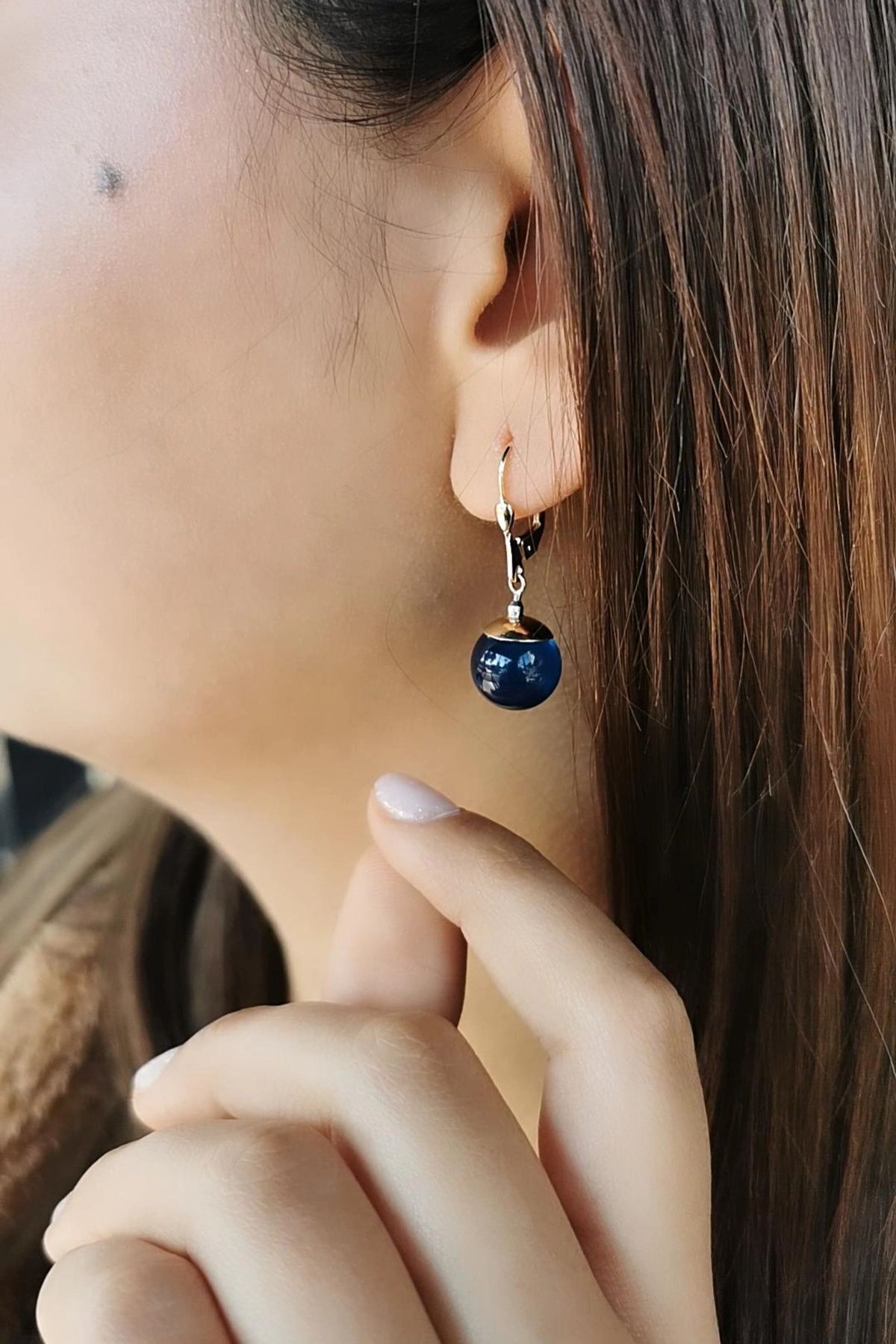 14 AYAR LACİVERT KEHRİBAR KLİPSLİ KÜPE