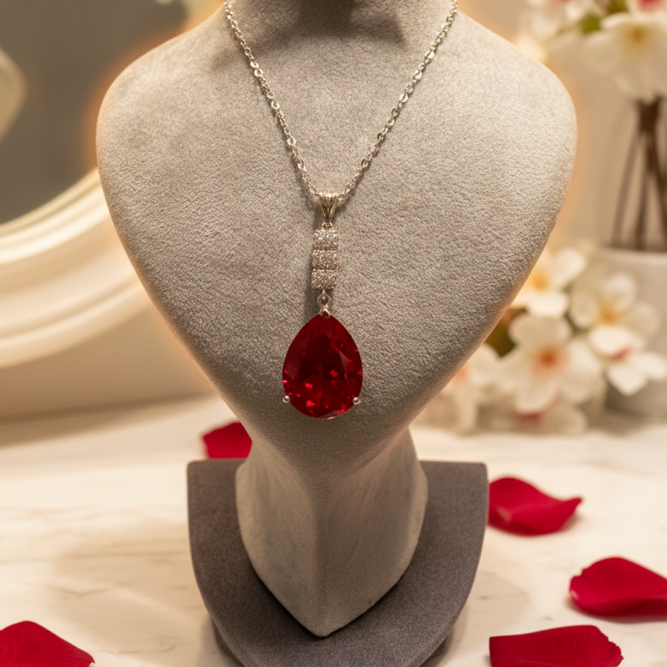 14 AYAR KRİSTAL YAKUT RENGİ TAŞLI BEYAZ ALTIN KOLYE