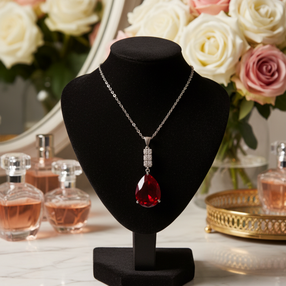 14 AYAR KRİSTAL YAKUT RENGİ TAŞLI BEYAZ ALTIN KOLYE