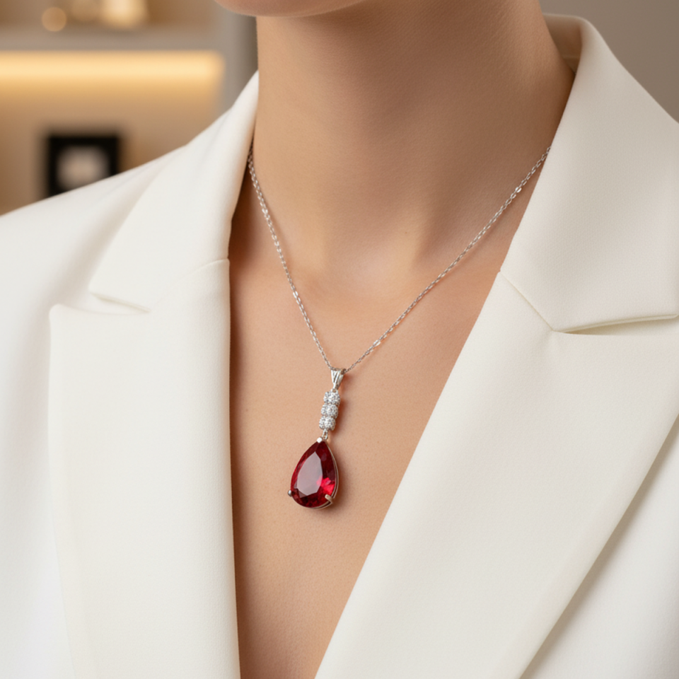 14 AYAR KRİSTAL YAKUT RENGİ TAŞLI BEYAZ ALTIN KOLYE