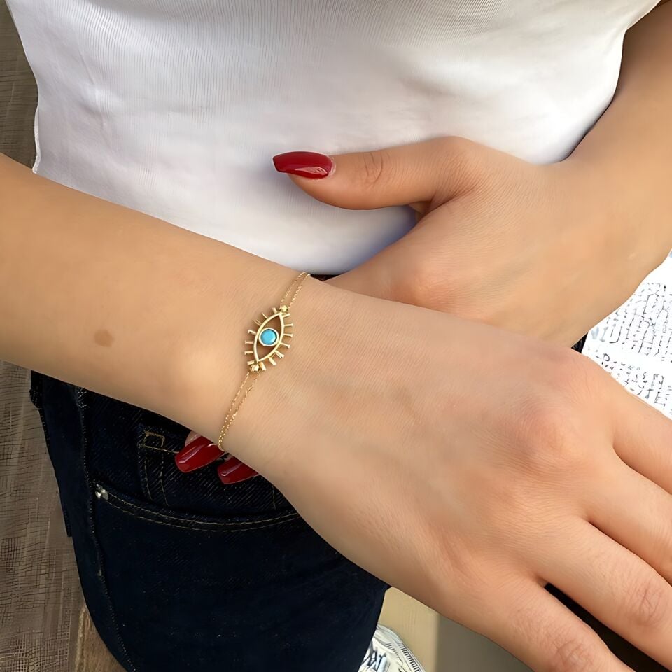 14 Ayar Kirpikli Göz Firuze Taşlı Bileklik