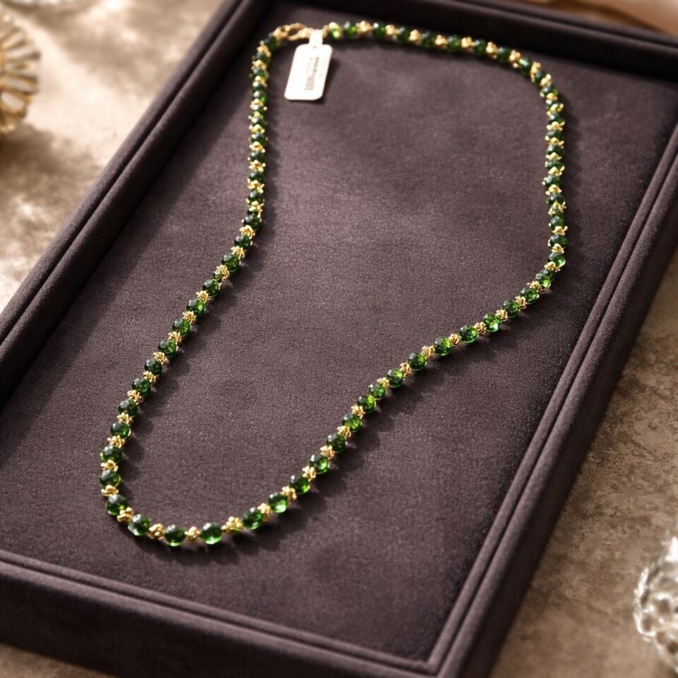 14 AYAR ÖZEL TASARIM ORJİNAL JADE (YEŞİM TAŞI) DORİKALI ALTIN KOLYE