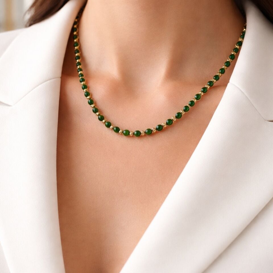 14 AYAR ÖZEL TASARIM ORJİNAL JADE (YEŞİM TAŞI) DORİKALI ALTIN KOLYE