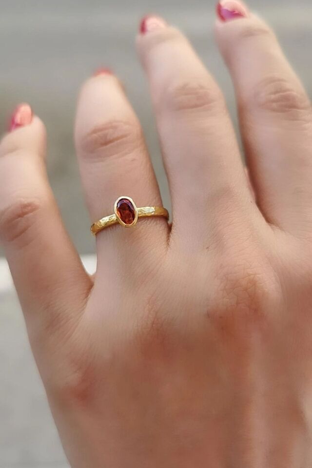 14 Ayar Turuncu Kristal Taşlı El Yapımı Tektaş Yüzük