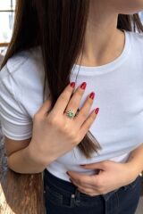 14 AYAR 0,14 CT PIRLANTA TAŞLI ORTASI MİNT ÇİÇEK TASARIM VİNTAGE YÜZÜK 18