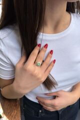 14 AYAR 0,14 CT PIRLANTA TAŞLI ORTASI MİNT ÇİÇEK TASARIM VİNTAGE YÜZÜK 18