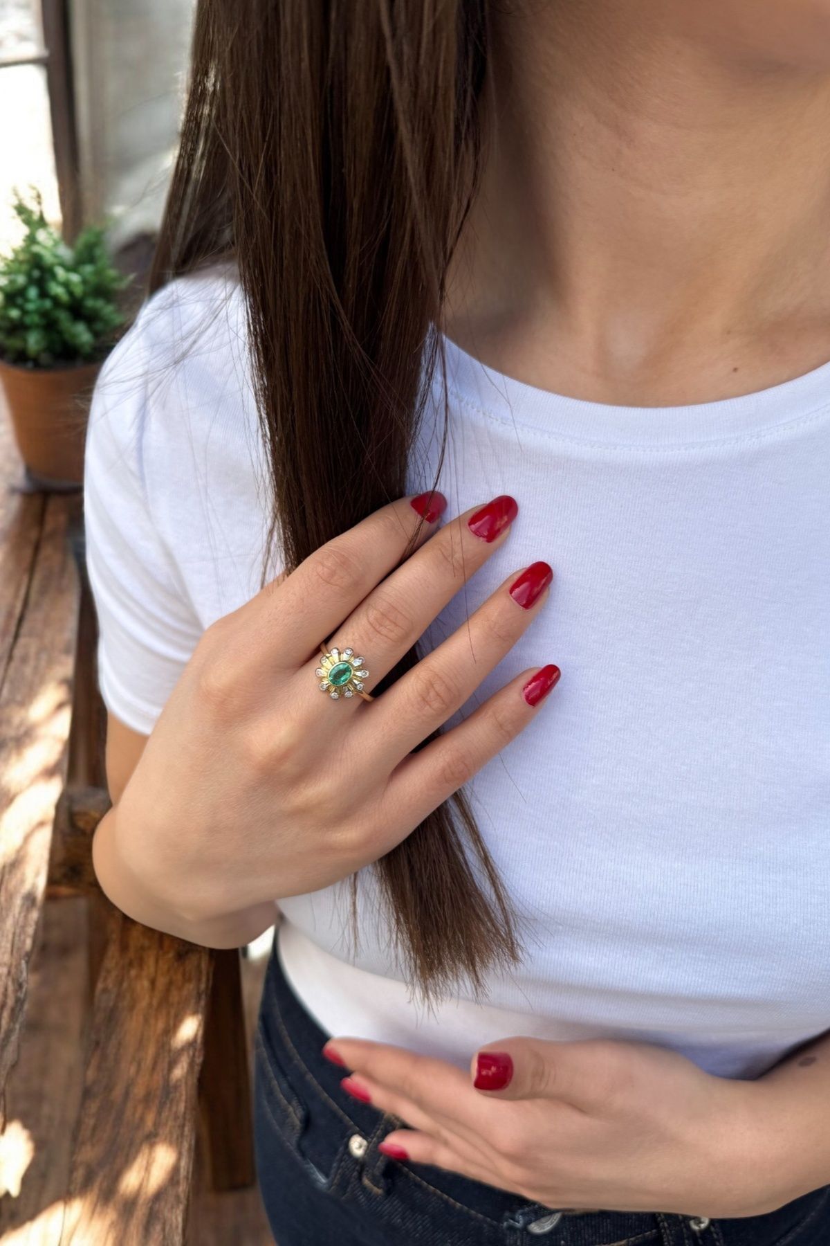 14 AYAR 0,14 CT PIRLANTA TAŞLI ORTASI MİNT ÇİÇEK TASARIM VİNTAGE YÜZÜK 18