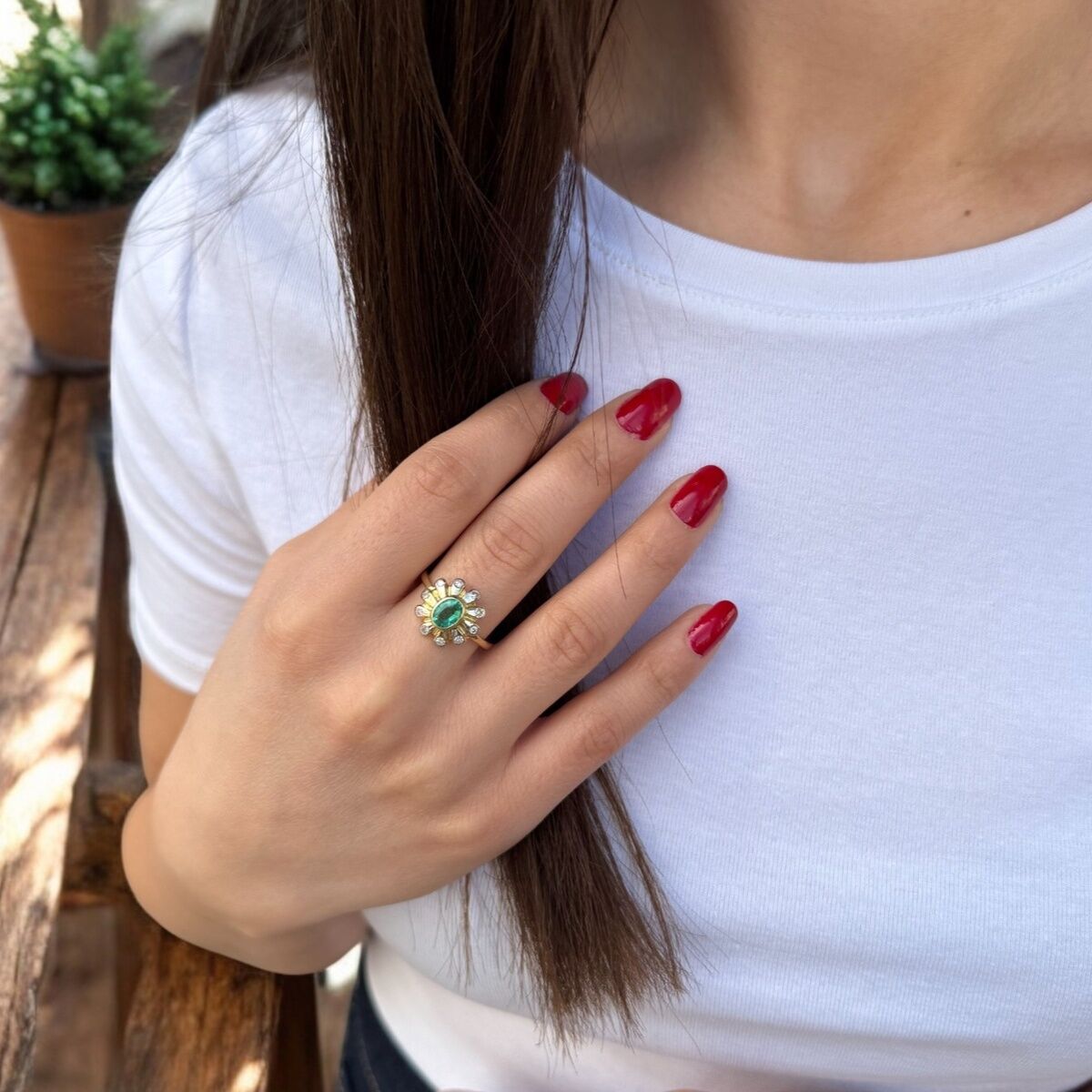 14 AYAR 0,14 CT PIRLANTA TAŞLI ORTASI MİNT ÇİÇEK TASARIM VİNTAGE YÜZÜK