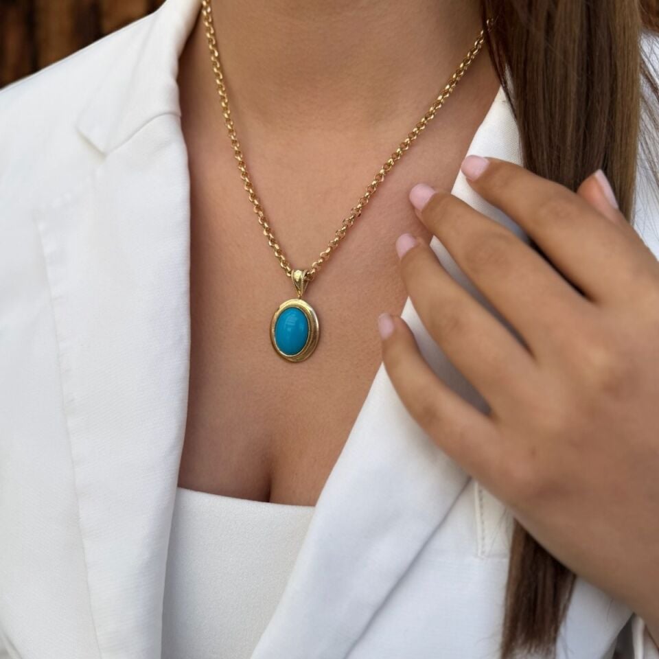 14 AYAR ÖZEL TASARIM FİRUZE VE DOC ZİNCİRLİ ALTIN KOLYE