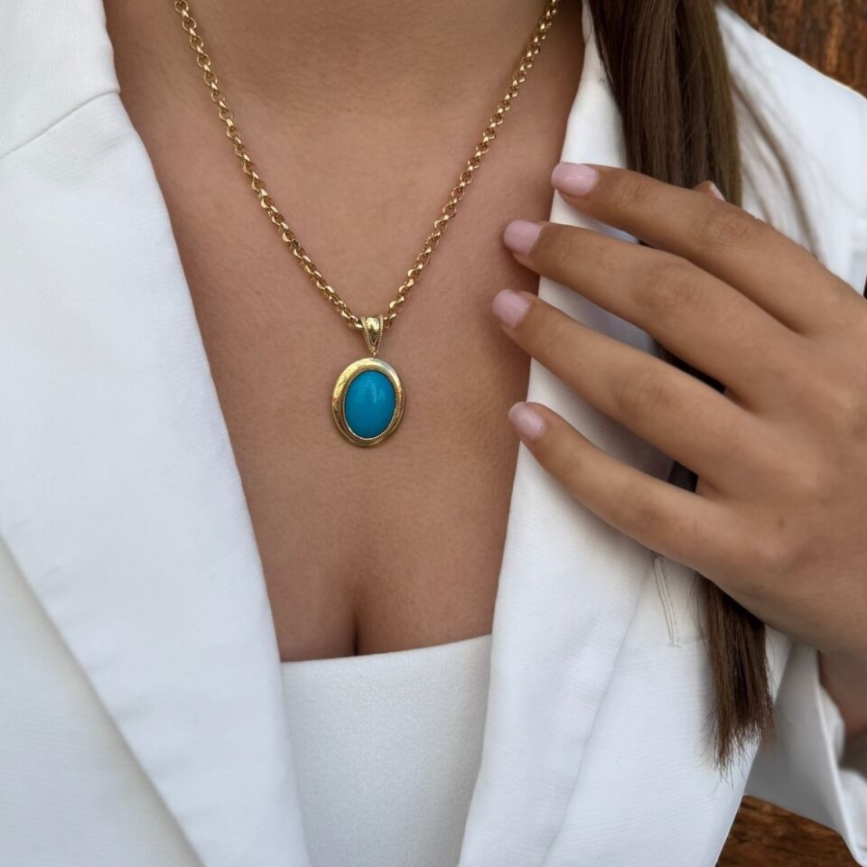 14 AYAR ÖZEL TASARIM FİRUZE VE DOC ZİNCİRLİ ALTIN KOLYE