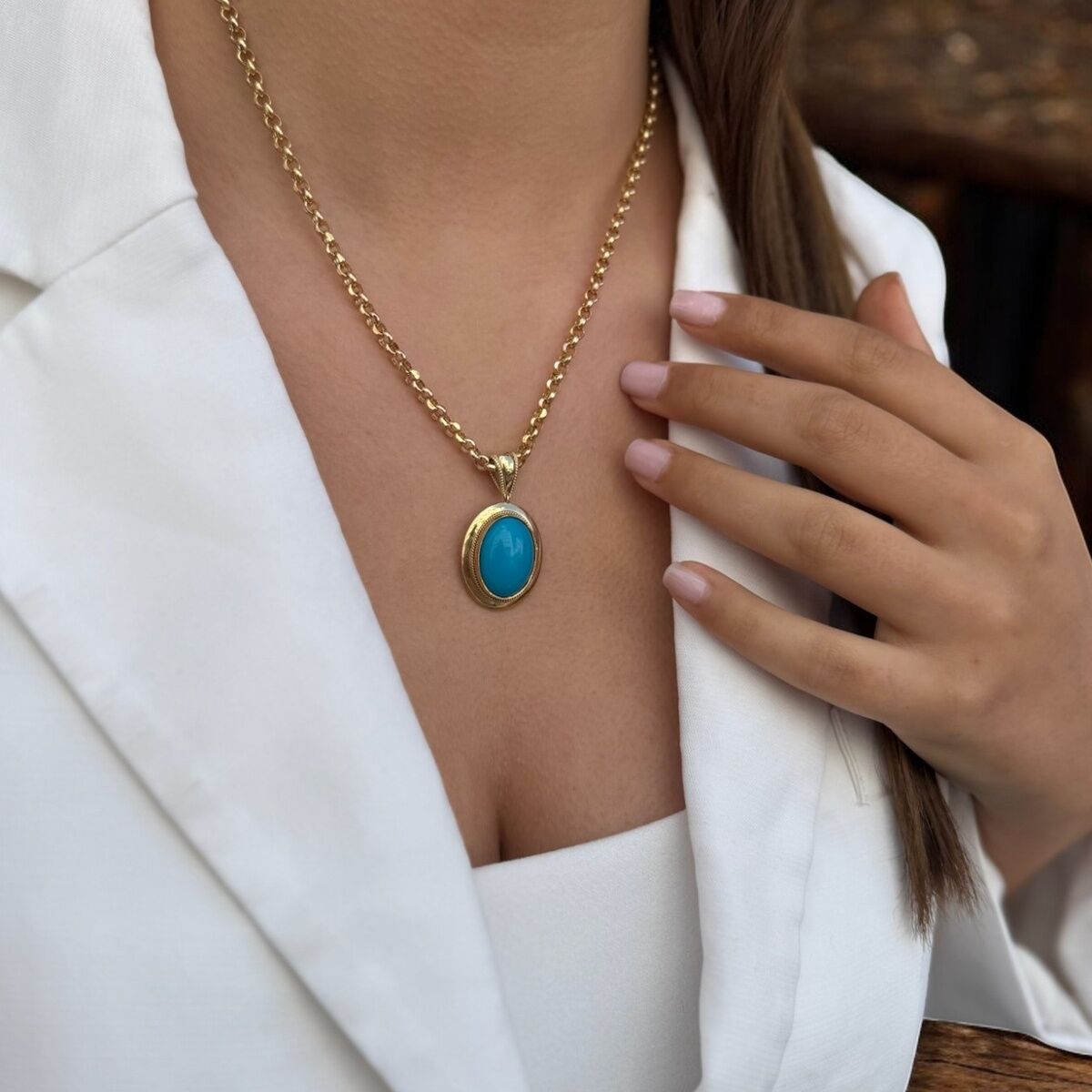 14 AYAR ÖZEL TASARIM FİRUZE VE DOC ZİNCİRLİ ALTIN KOLYE