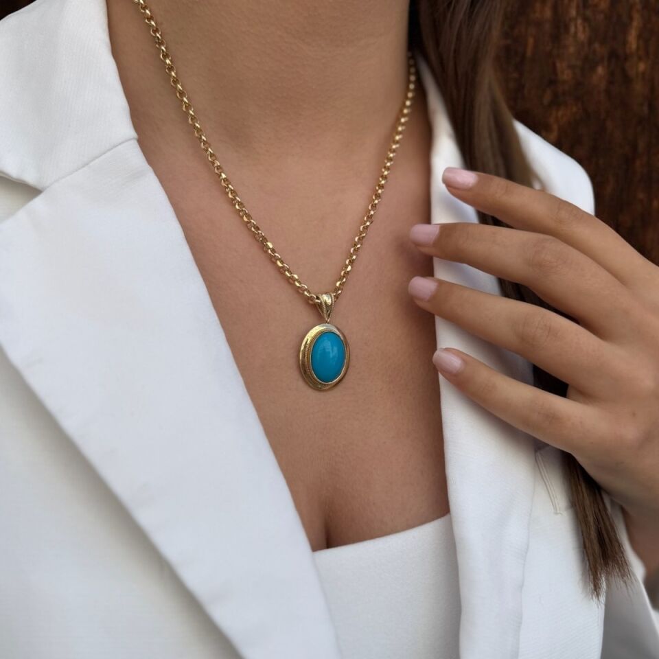 14 AYAR ÖZEL TASARIM FİRUZE VE DOC ZİNCİRLİ ALTIN KOLYE